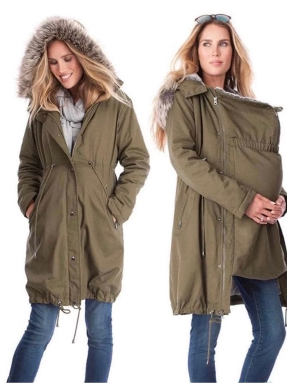 Seraphine Olive Utility Maternity Parka with Faux Fur Trim